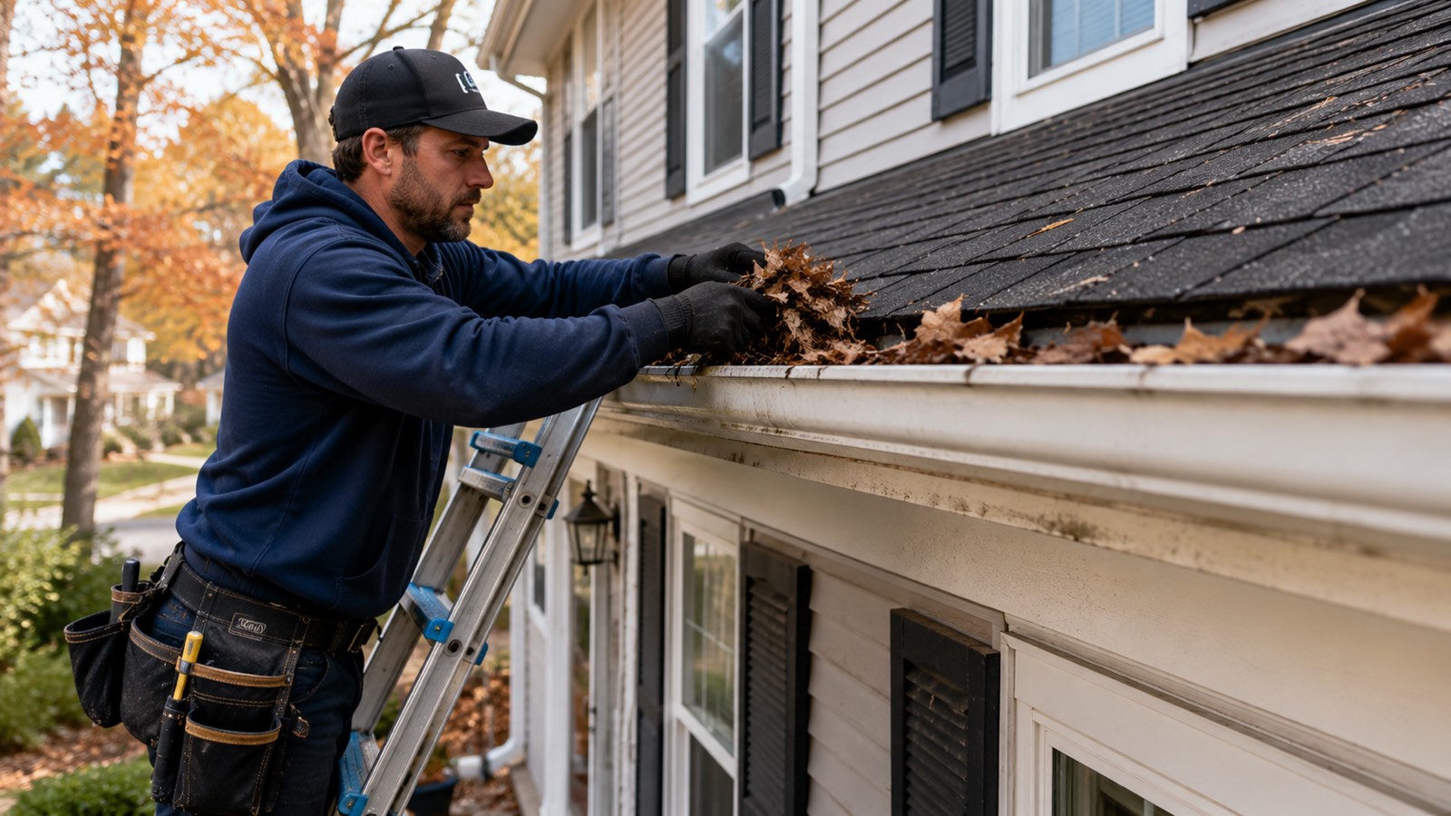 gutter cleaning Fishers IN technician clearing roofline debris
