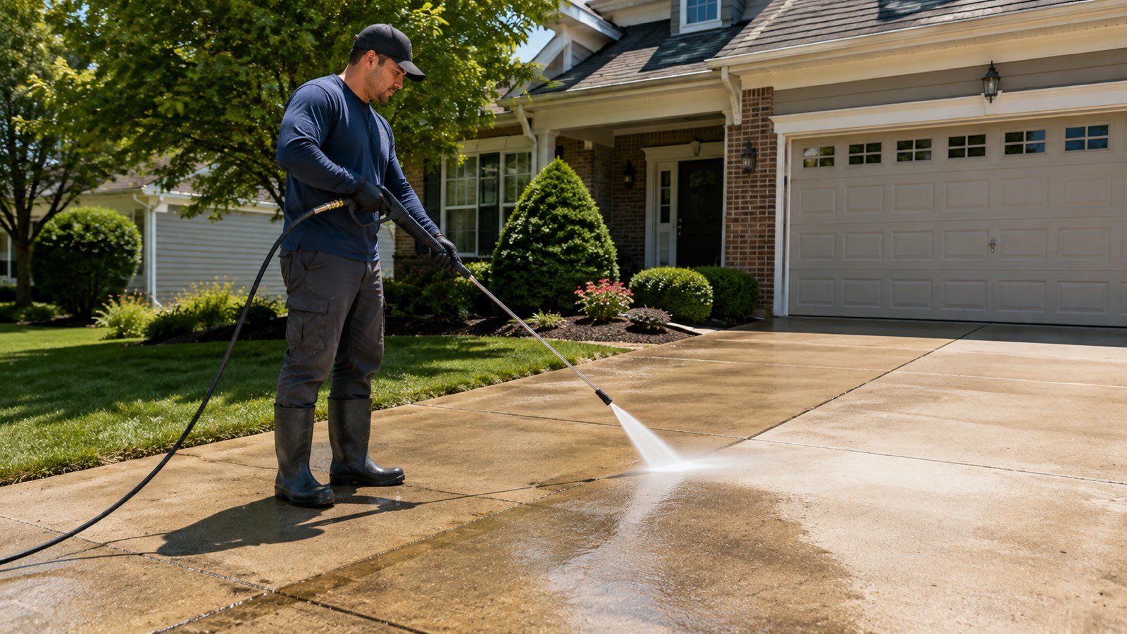 pressure washing Fishers IN technician cleaning driveway
