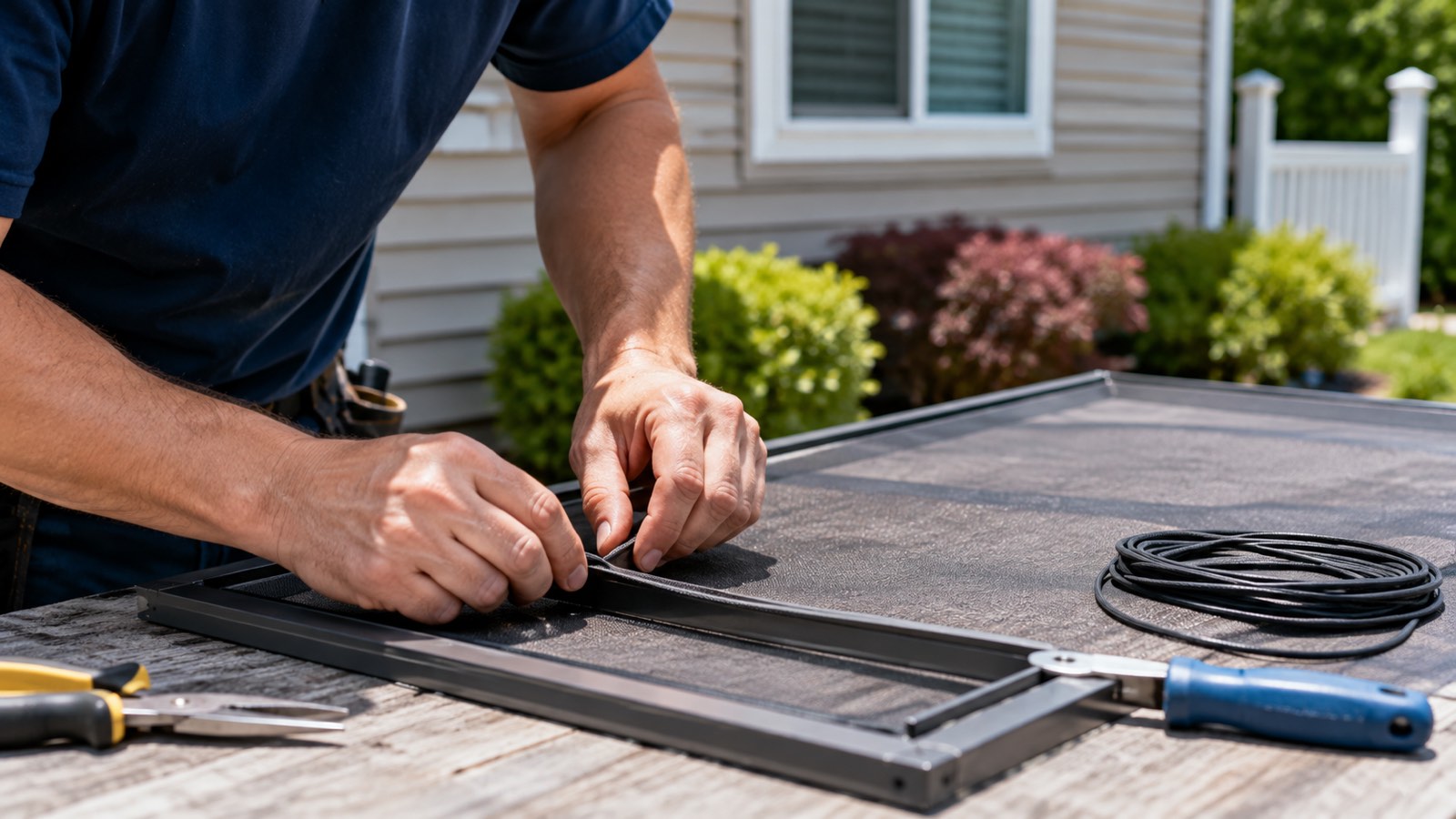 window screen repair Fishers IN technician rescreening frame